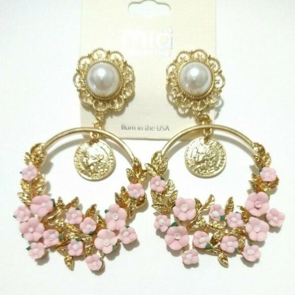 Mia Collection Gold Tone Pearl Pink Rose Dangling Coin Disc Chandelier Earrings - Picture 1 of 4